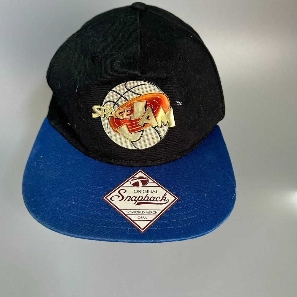 Space Jam Bioworld Merch Snapback Hat Black Blue Metallic Logo OSFA Mens‎ Cap